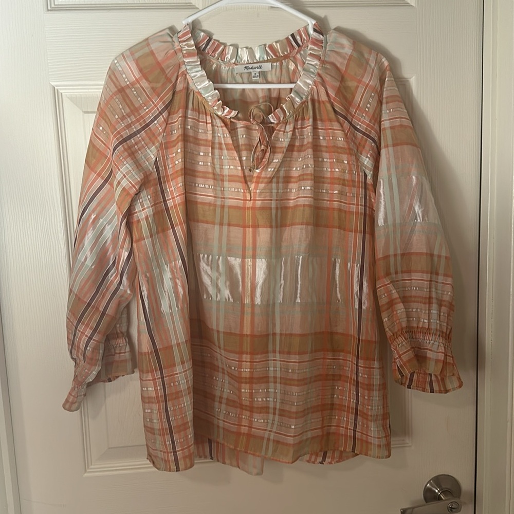 Madewell Plaid Tie-Neck Ruffle-Sleeve Top. Size M
